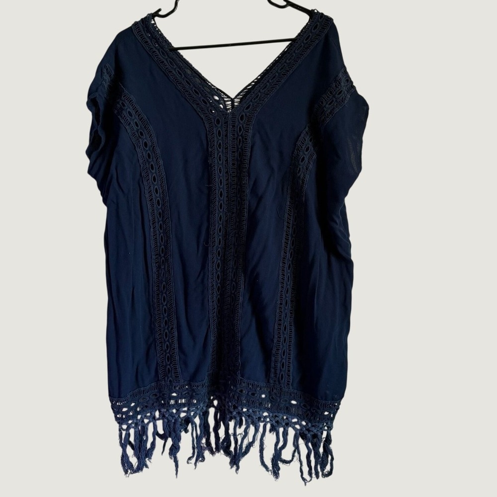 Boho Me Navy Blue Crochet Lace Fringe V-Neck Tunic Top‎ Womens Large